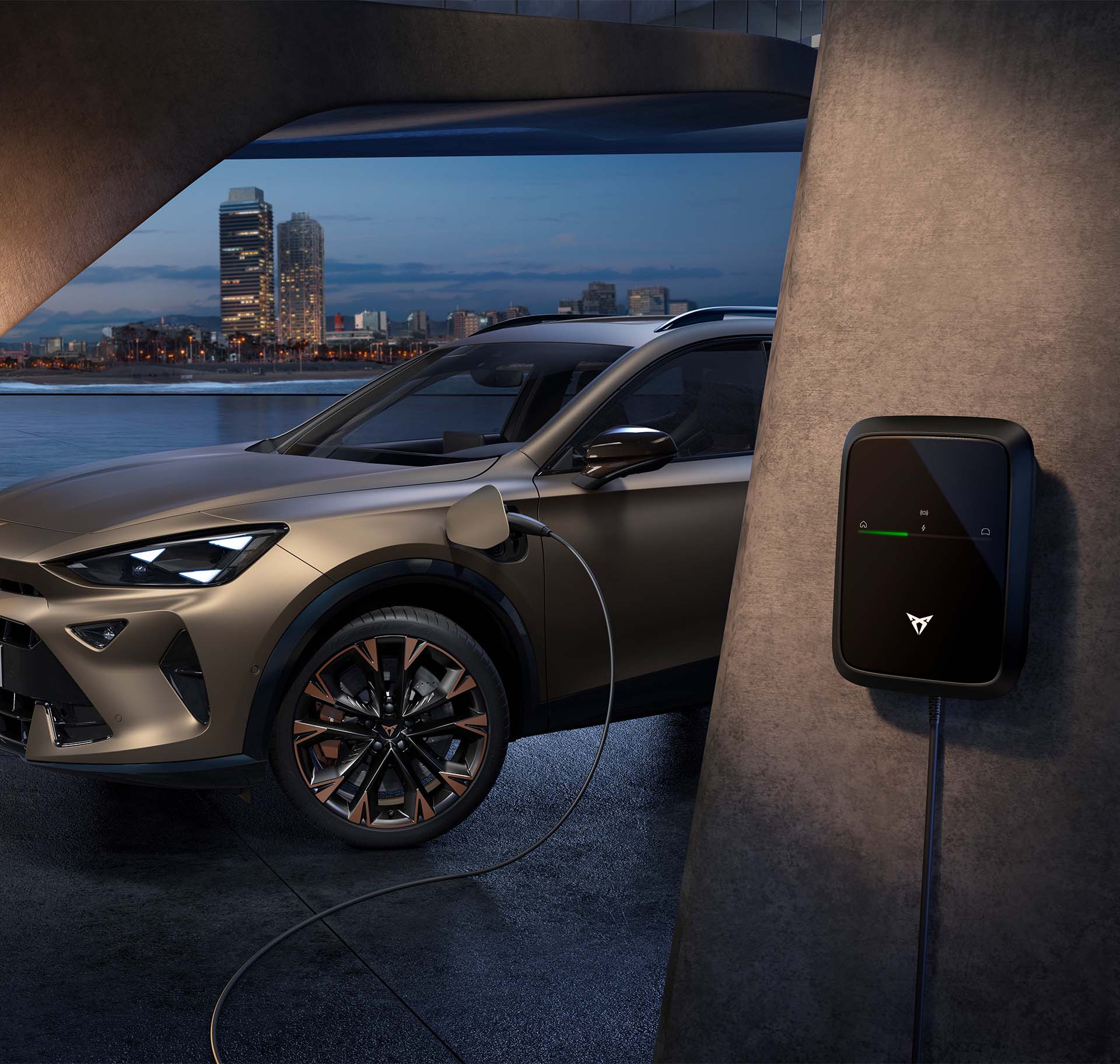 A CUPRA Formentor E-Hybrid is being charged at a station.